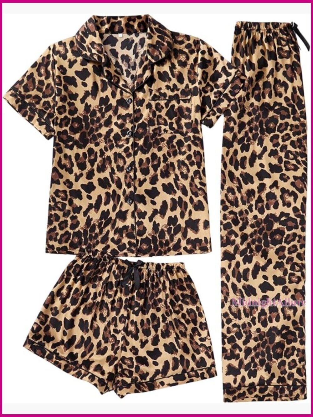 Women's 3-Piece Leopard Pajama Set Short Sleeve Button Down Shirt and Shorts